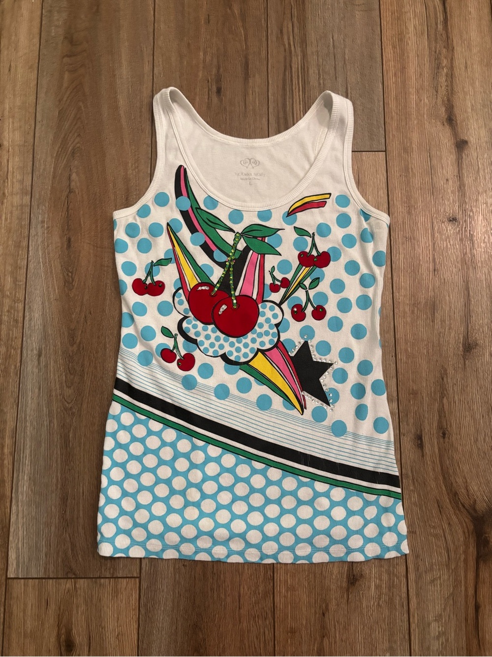 Vintage Y2K Victoria’s Secret Tank Comic Pop Art Top with Cherries & Polka Dots